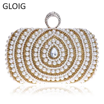 

GLOIG Beaded Lady Handbags Finger Ring Diamonds Purse Evening Bags Crystal Luxurious Pearl Wedding Bags For Party Dinner