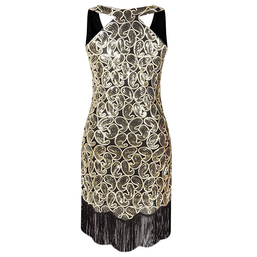 Женское платье 1920s с блестками и узором пейсли, без рукавов, с оборкой на спине, черное, золотое, сексуальное, с бахромой, вечерние платья Great Gatsby