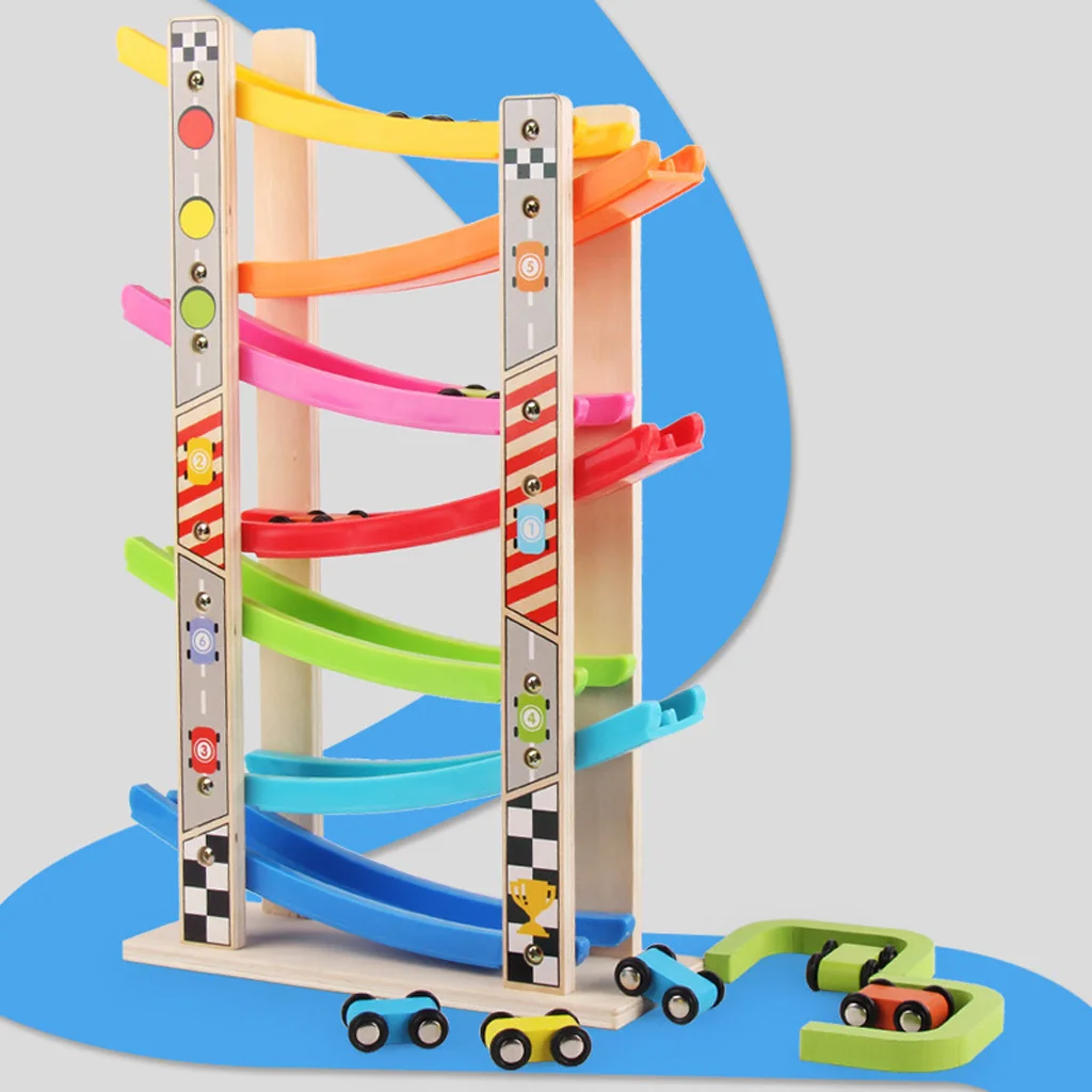 Деревянный 7-слойная пандус гоночный трек и 8 мини инерционных машин раздвижные игрушечный Vehicel& поезд для маленьких моторики развивающий детский подарок