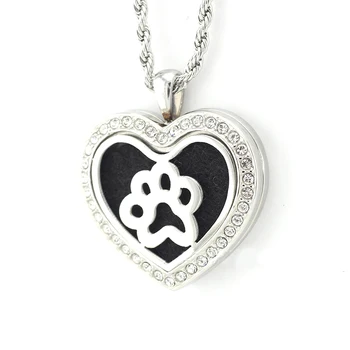 

30mm Stainles Steel Crystal Animal Paw Heart Aromatherapy/Essential Oil Diffuser Perfume Locket Necklace With Free Chain