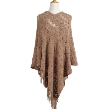 

autumn and winter long section of irregular crochet hollow lace tassels pullover cape shawl sweater women 69146