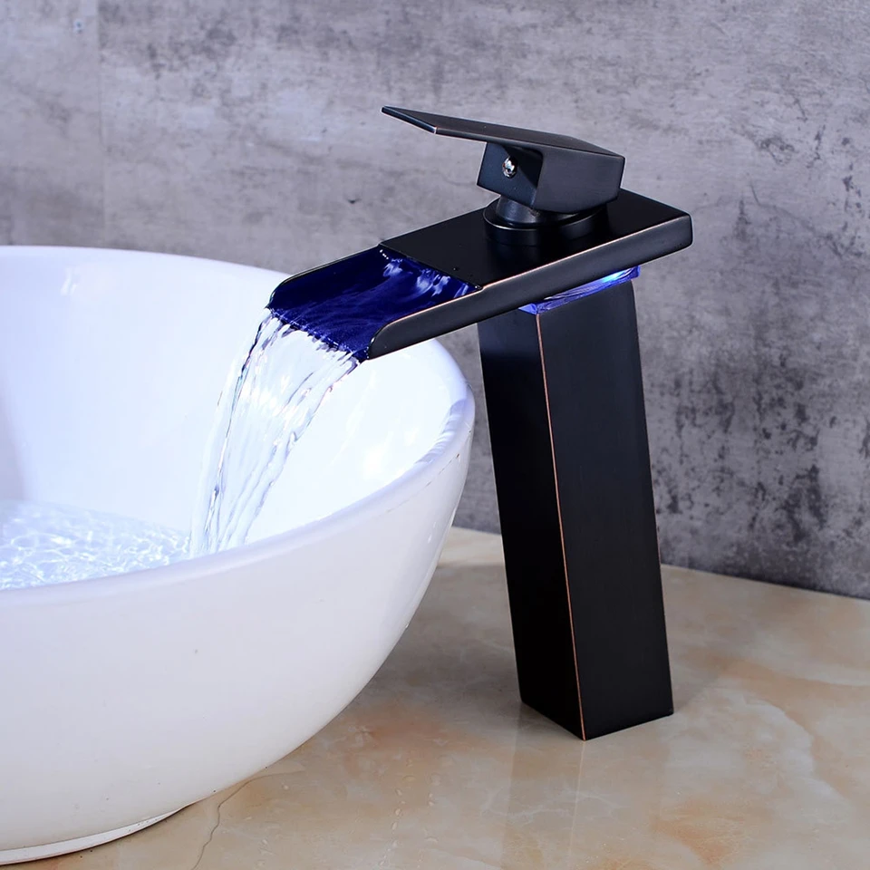 

LED Basin Faucets with Rubber Design Antique Black Mixer Faucet for Basin Single Handle Pull Down Deck Mounted Crane for Sinks