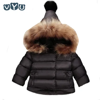 

VYU For 1~8 Yrs Baby Girls Winter Jacket Pure Color Thick Coat 2018 Cotton Kids Warm With Big Fur Hooded Outwear Children Parka