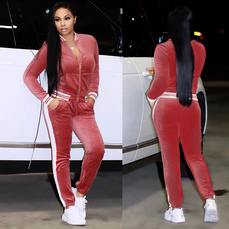 

2 Pieces Women Sportswear Autumn Winter Warm Velvet Tracksuit Two Piece Set Stripe Sweatshirt Pant Sweat Suit Home Clothing