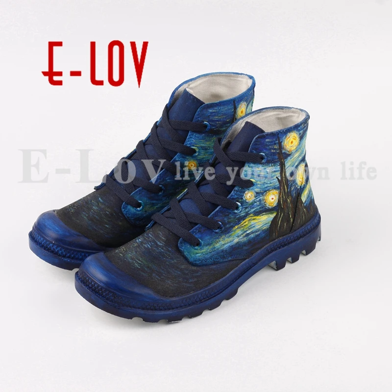 

E-LOV Hand Painted Abstract Artwork Starry Night Canvas Shoes Custom High Top Men Casual Walking Shoes Plus Size Chaussures