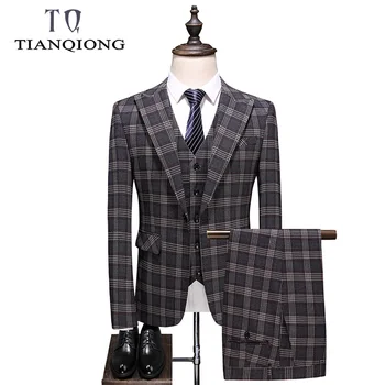 

(Jacket+Vest+Pants) 2019 New Grey British Style Suits Casual Plaid Male High Quality Men's Wedding Groom Business Party Suits
