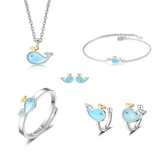 XIYANIKE 925 Sterling Silber Koreanischen Stil Blau Fisch Kleine Wal Nette Marine Tier Schmuck Sets Für Frauen Mädchen Geschenk NE + RI + BR + EA
