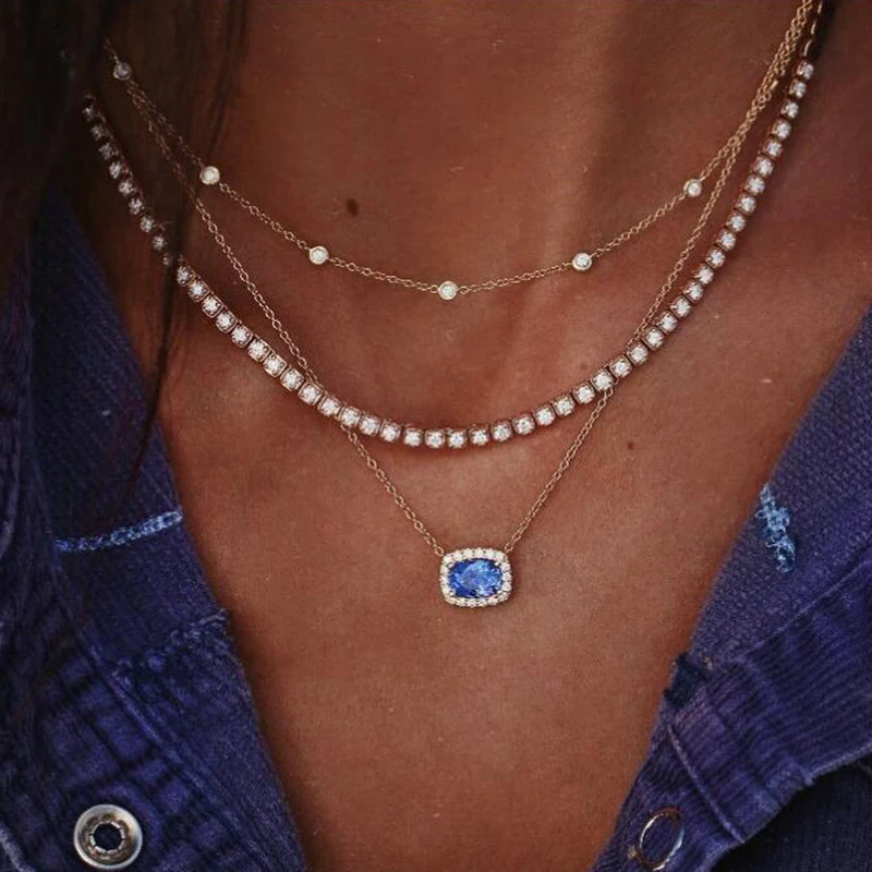 

Fashion Blue Crystal Choker Necklace For Women Gold Color Multiayer Necklaces Female Bijoux Clavicle Chain Jewelry Party Gift