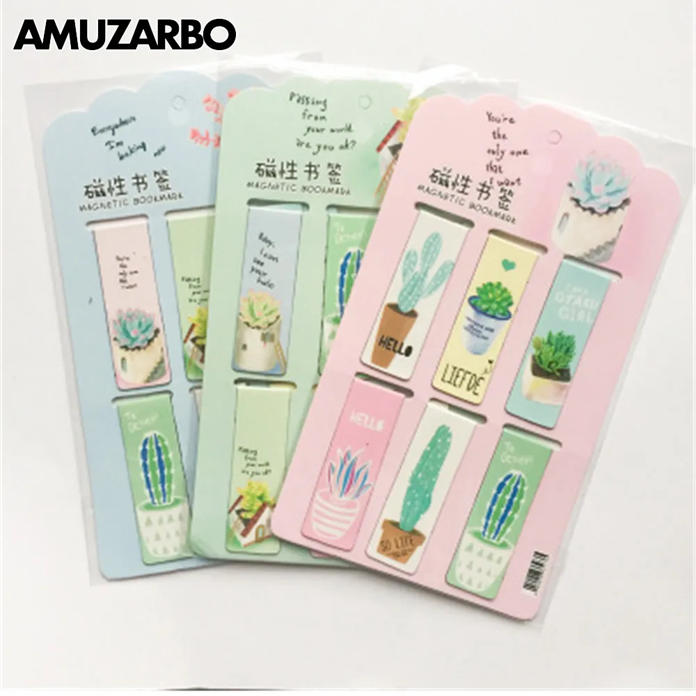 

6pcs /Set Fresh Green Plants Cactus Magnetic Bookmarks Books Marker of Page Stationery School Office Supply Paper Clip