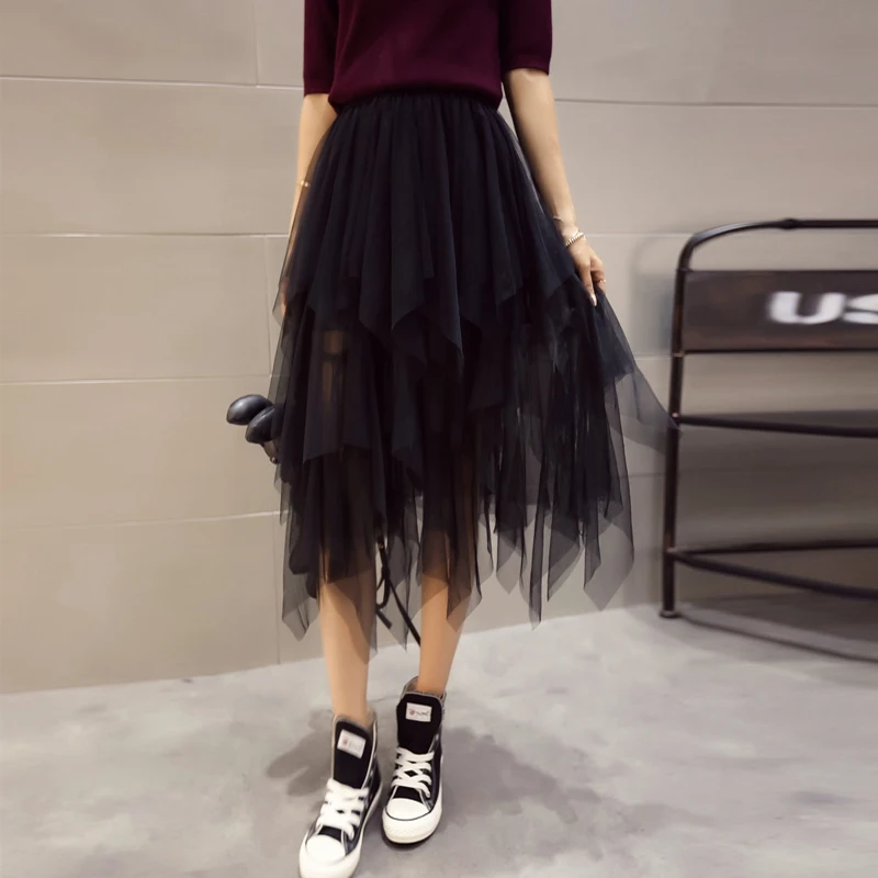 Aliexpress.com Acheter 2017 automne irrégulière balayage midsweet patchwork gaze buste jupe taille haute tulle fairy jupes femmes noir XY2009 de fairy