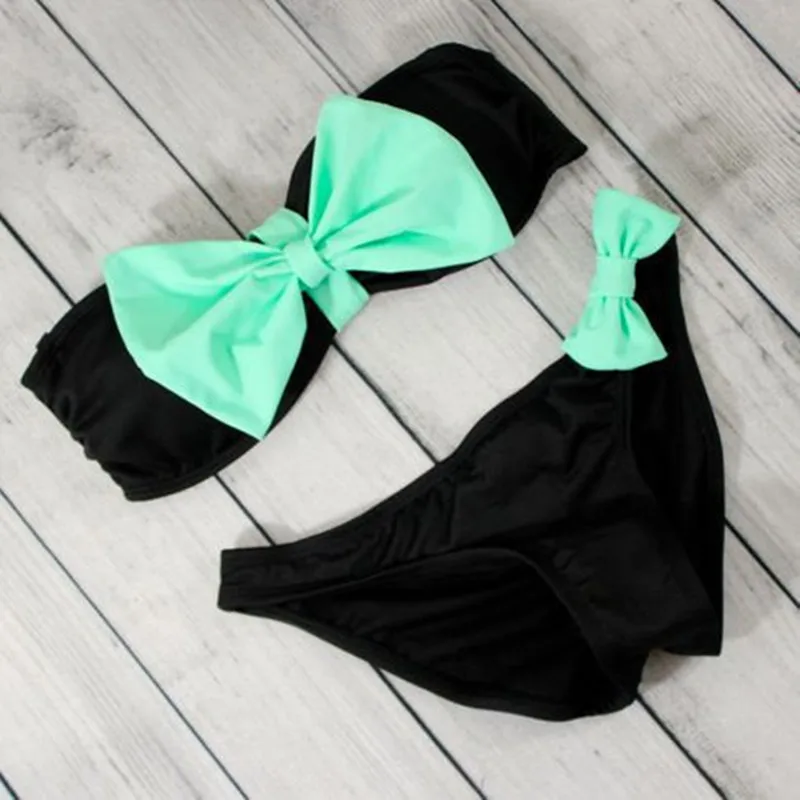 

Black bikinis set woman separate swimsuit blue bow tie bathing suit padded push up tops swimwear 2017 brazilian biquinis cheap