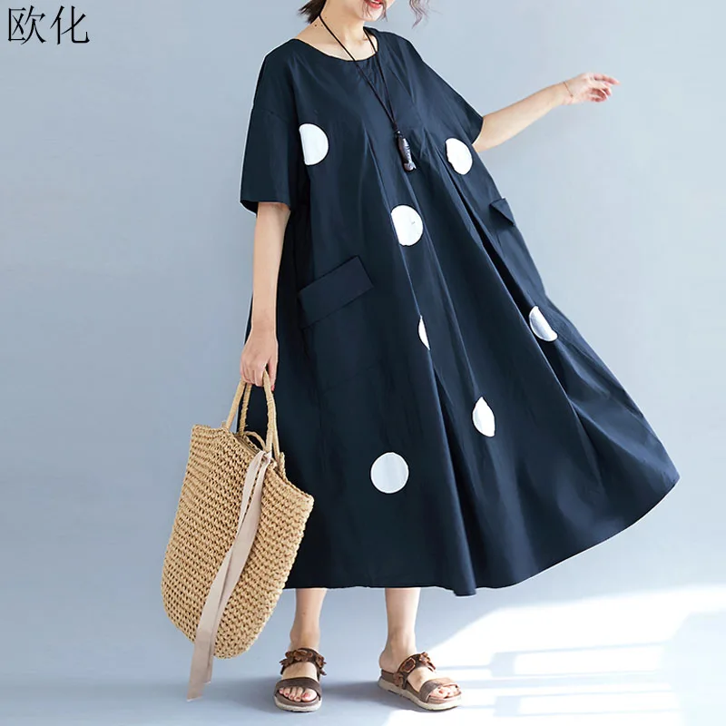

New Arrival 2019 Summer Short Sleeve Vintage Polka Dot Dress Plus Size A-Line Big Swing Cotton Dress Loose Maxi Dresses 5XL 6XL