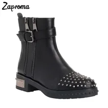 Popular 2019 Black Handmade Booties Flat Heel Buckles Ankle Boots Short Plush Metal Bota Feminina Autumn