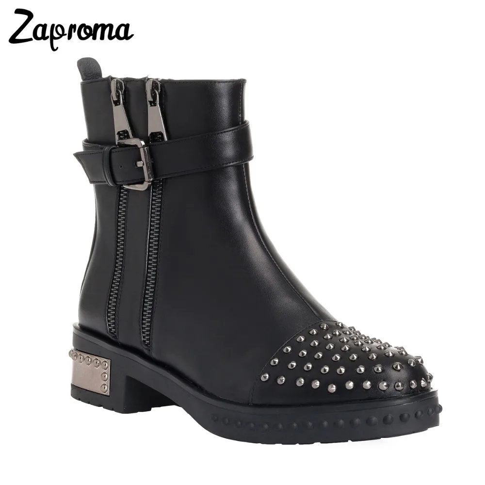 Popular 2019 Black Handmade Booties Flat Heel Buckles Ankle Boots Short Plush Metal font b Bota