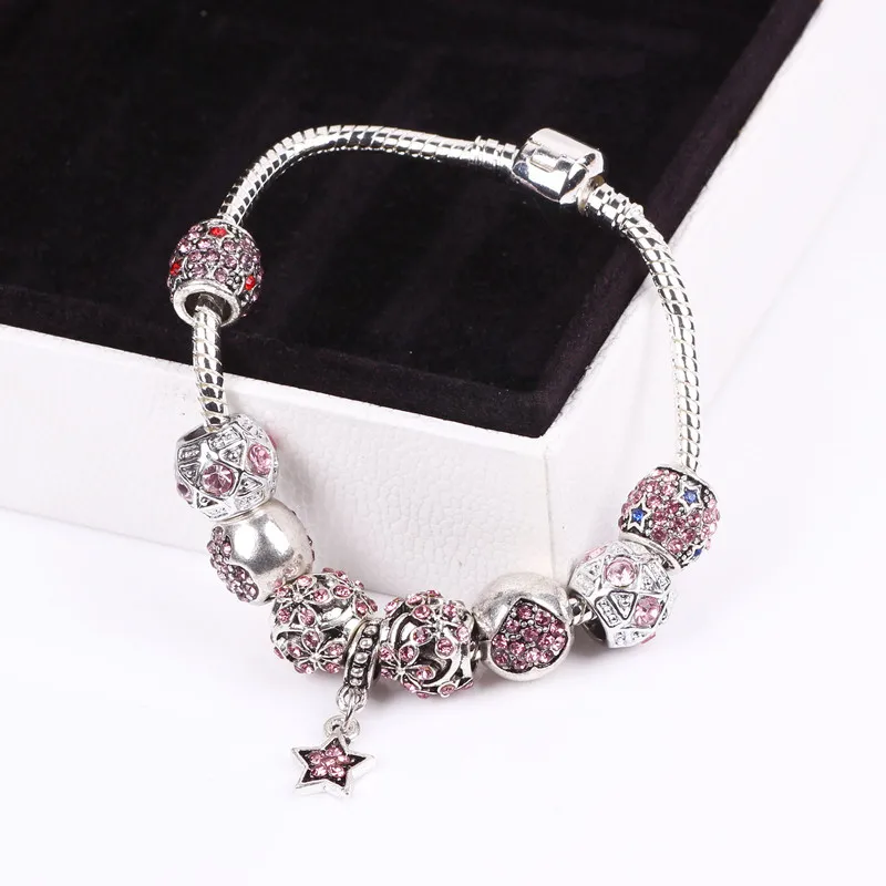 

Fashion DIY Jewelry Star Flowers Cute Love Heart Charm Bracelets & Bangles Chain Glass Beads Bracelets For Women Gift