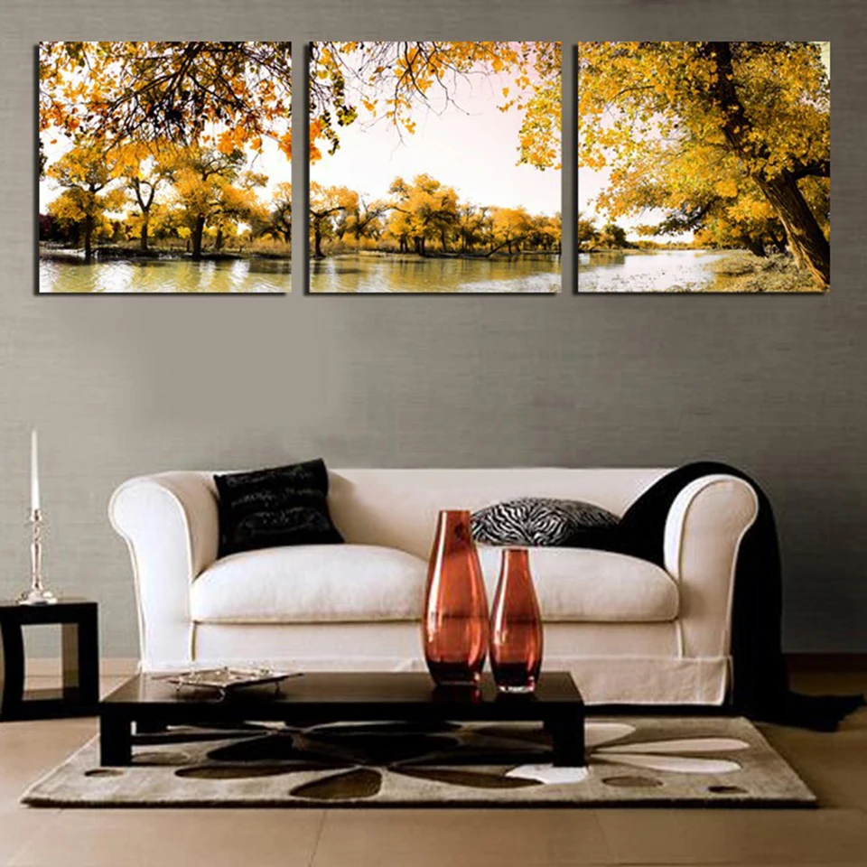 Home Decor Living Room Modular Pictures 3 Panel Yellow Forest River Landscape Framed Wall Art Painting HD Printed Canvas Poster
