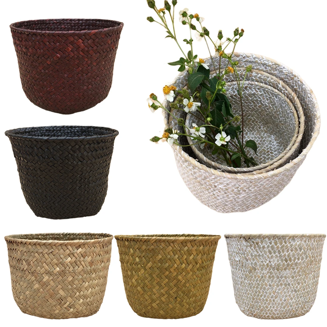 3 أحجام اليدوية الخيزران سلات تخزين طوي الغسيل القش المرقعة الخوص الروطان البطن أصيص أزهار الحديقة الغراس سلة