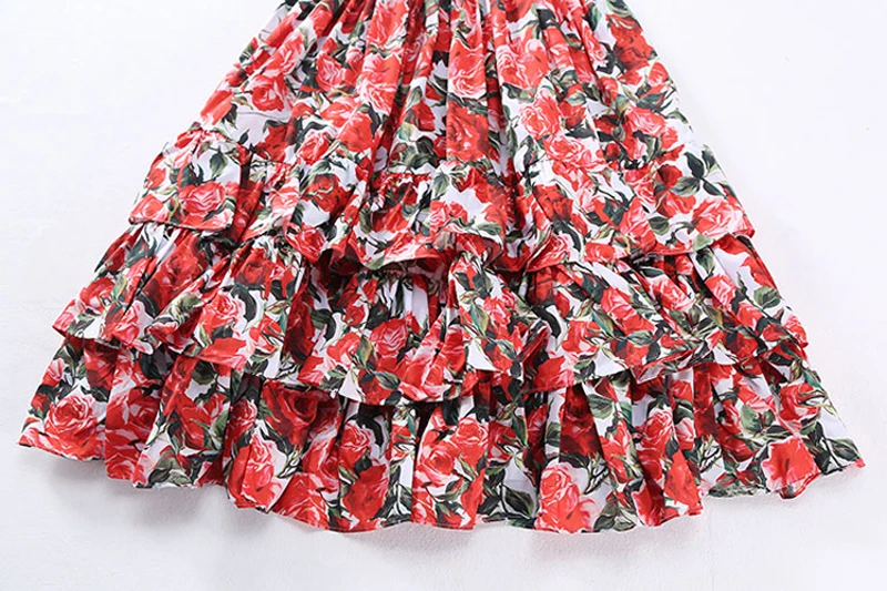 Красный RoosaRosee модное подиумное женское бальное платье сексуальное с открытой спиной цветочный принт каскадные оборки летнее платье на бретелях vestidos robe