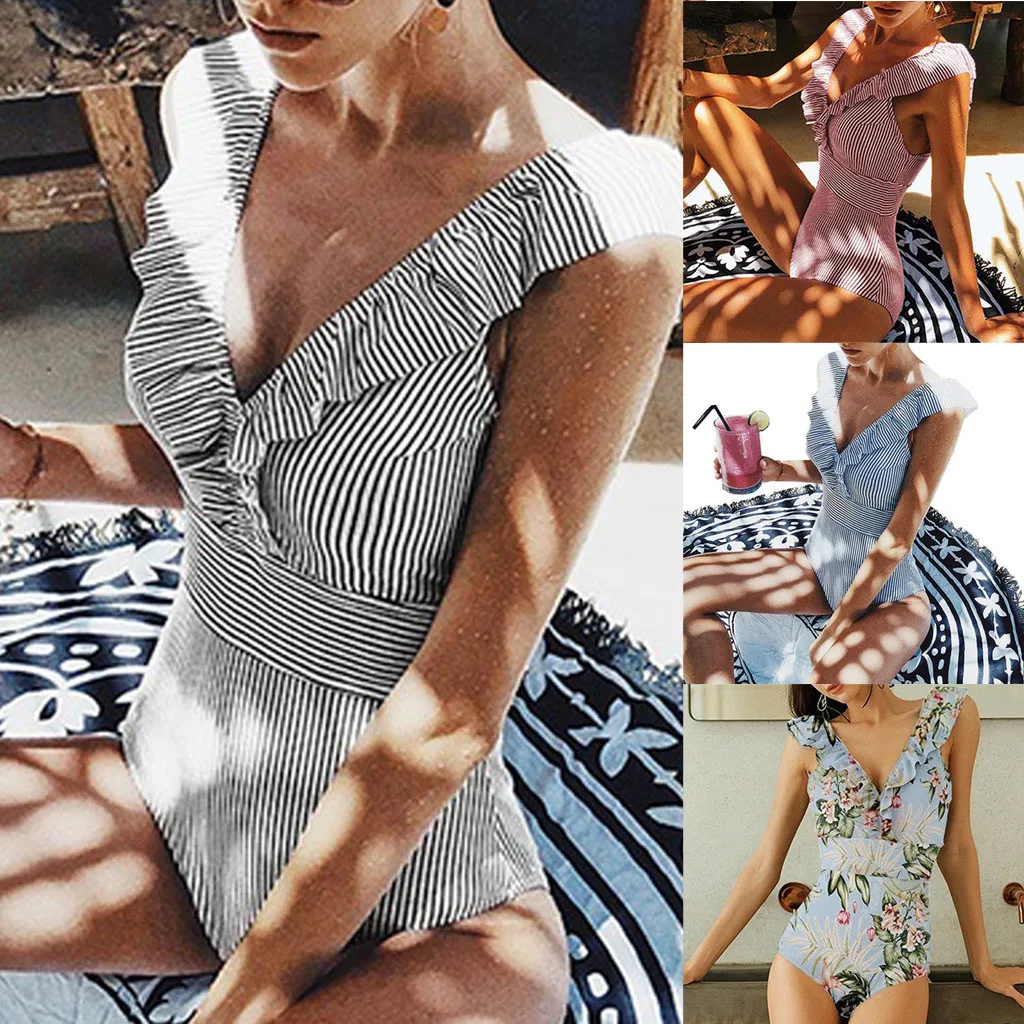

MUQGEW Women One Piece Push Up Printed Bikini Beach Bathing Deep V-neck Monokini Swimsuit Swimwear Jumpsuit Bikini 2019 Mujer