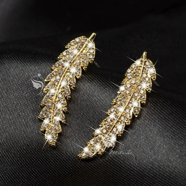 Серебряные золотые милые перья с шикарным цирконием камень для женские серьги Модные ювелирные изделия корейские серьги Новинка