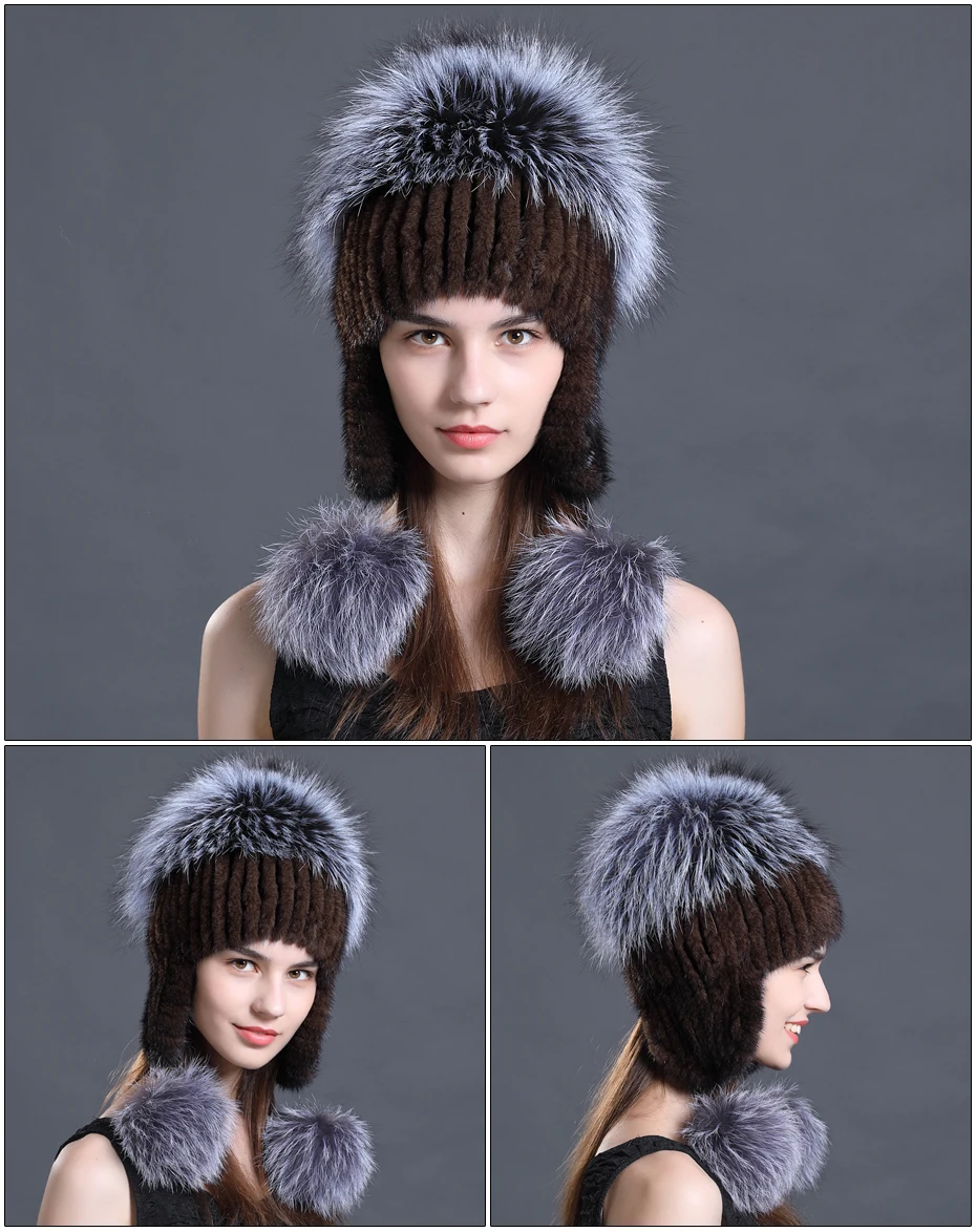 Новинка 2019 года натуральный норковый мех для женщин зимняя шапка вязаная шапка для женщин натуральным лисьим Мех животных шляпа бомбер
