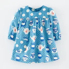 Little Maven/Новинка; сезон весна-осень; повседневные трикотажные хлопковые платья в горошек с длинными рукавами и круглым вырезом и принтом «синие чайники» для девочек от 1 года до 6 лет