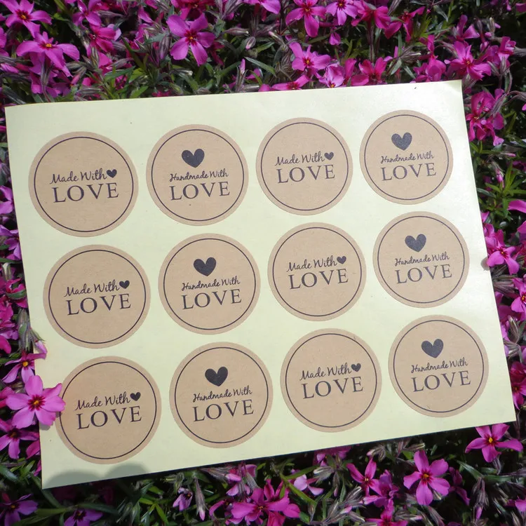 

120Pcs Made With Love Heart Handmade Cake Packaging Sealing Label Kraft Sticker Baking DIY Work Gift Box Round Stickers M1063
