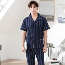Плюс размер 3XL Лето Осень мужские пижамы набор дышащий хлопок Повседневная одежда для сна человек домашний сон короткий рукав и брюки комплект из двух предметов