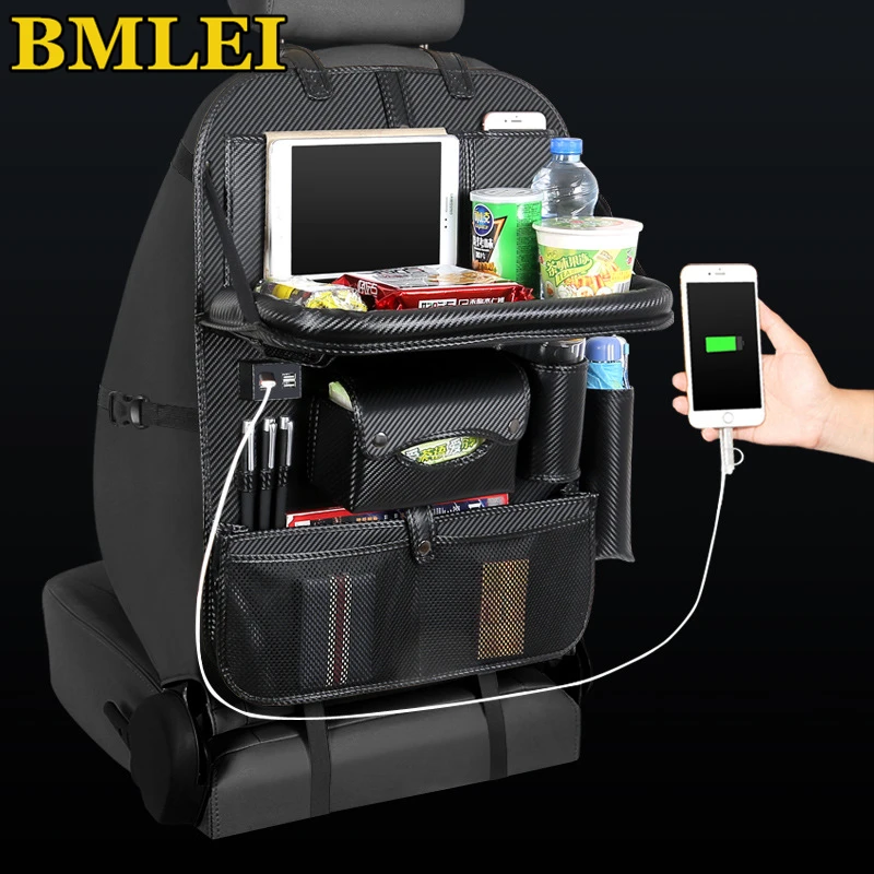 

Leather Car Seat Back Organizer Storage Bag Foldable Car Table Tray Holder Travel Multifunction Stowing Tidying Auto Accessories