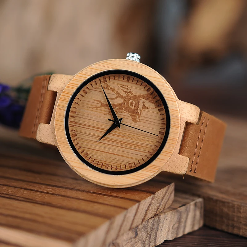 BOBO BIRD Men's Wooden Watches Simple Deer Design Men Top Brand Wood Bamboo Quartz Wrist Watch in gift box
