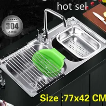 Квартиры двойной кухонный паз раковина стандарт 304 нержавеющая сталь сделать блюда Горячая 77x42 см
