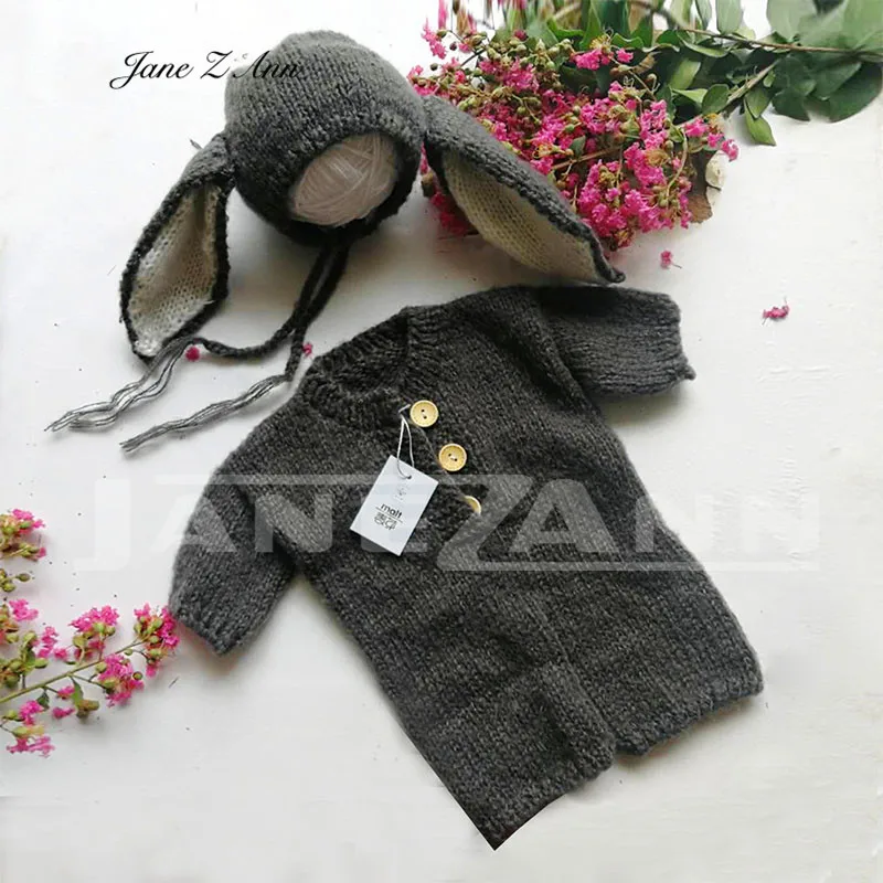 

Jane Z Ann Newborn Photography Outfit Baby bunny rabbit mohair hat bodysuit Set Infant Photo shoot Props Newborn Photo Clothes