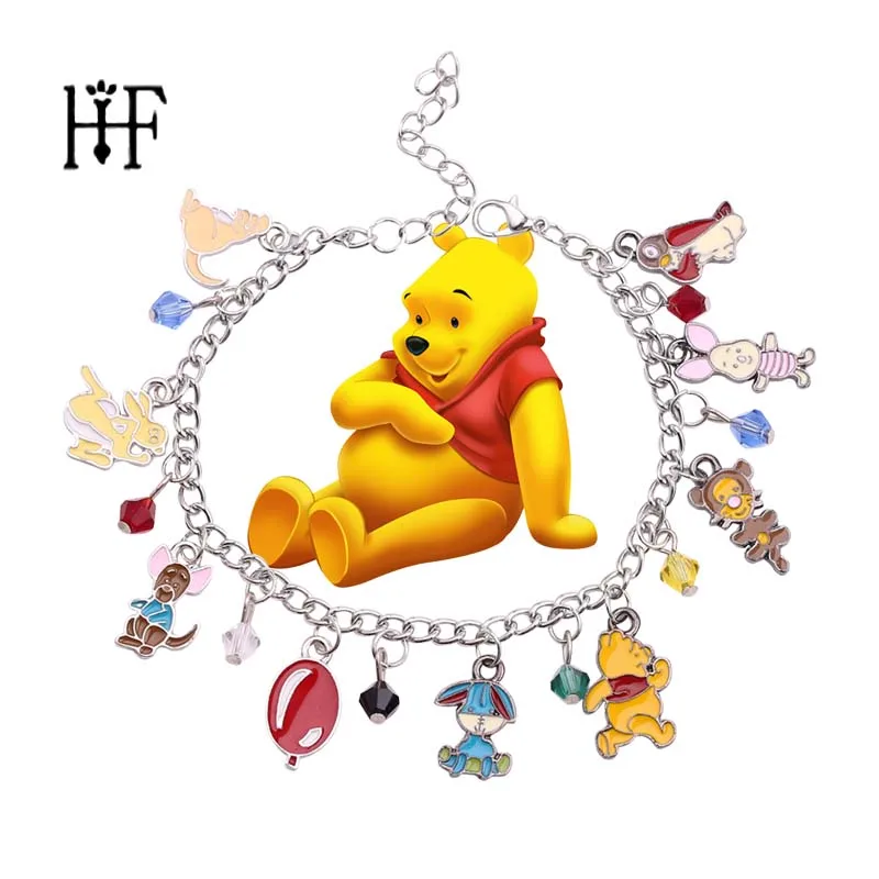 

Boho Fashion Movie Winnie Pooh Charm Bracelet Metal Jewelry Bracelet for Women Bileklik Erkek Enamel Badge Crystal Beads Pulsera