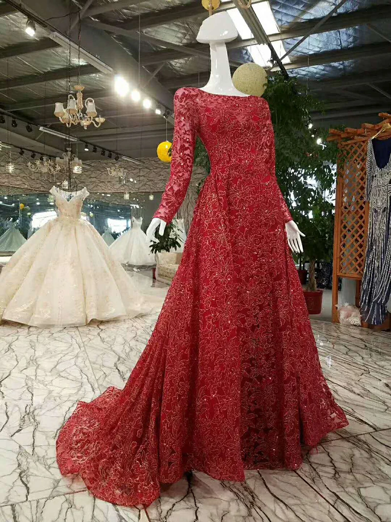 LSX009 Shiny red evening dress long sleeve zipper back A line formal dress vestido longo de festa real photo from china