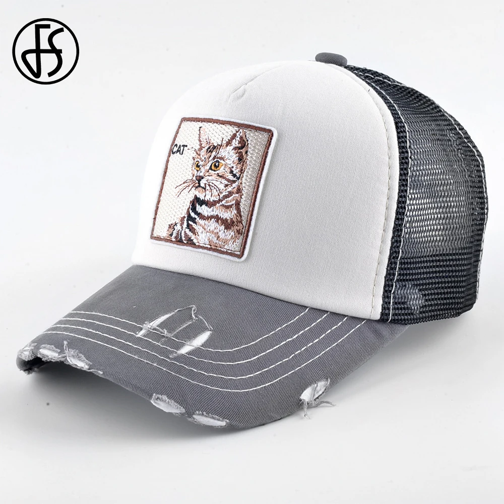 

FS New Animal Cat Tiger Embroidery Baseball Cap Trucker Hats Summer Breathable Mesh Women Men Street Hip Hop Dad Hat Funny Caps