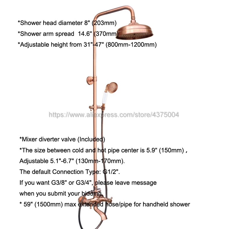 Antique Red Copper Shower Faucets Bathroom Shower Mixer Taps Wall Mount Tub Shower Faucet with Handshower Nrg514