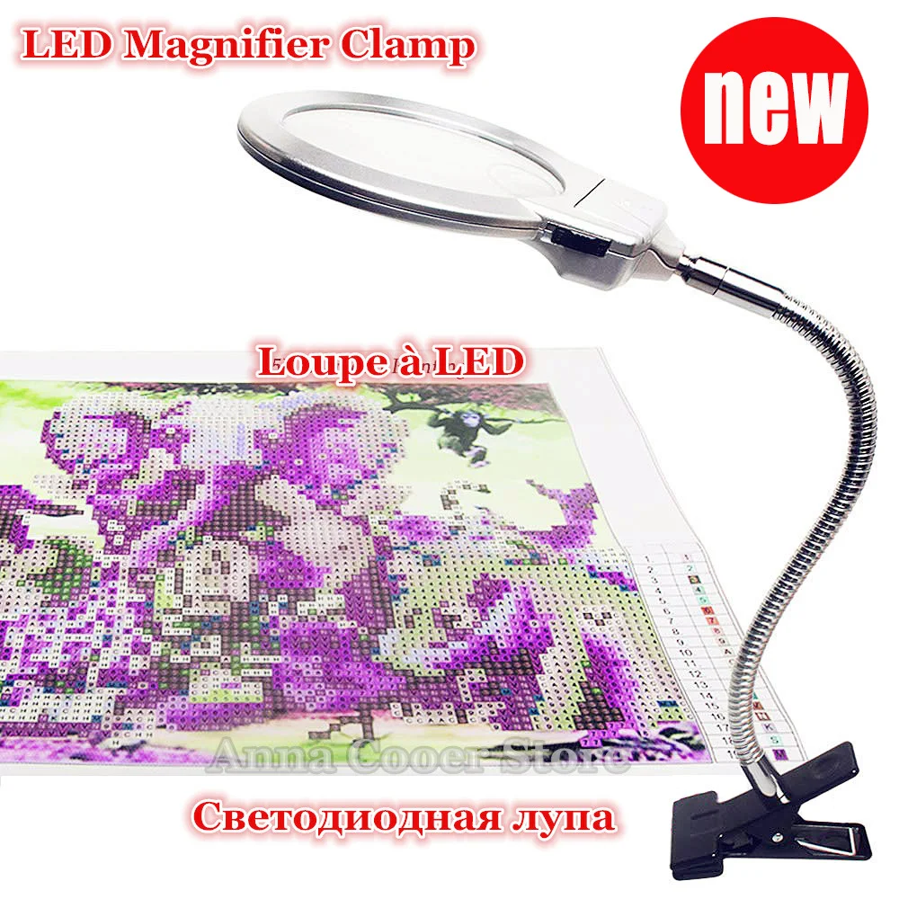 

Diamond painting tool light magnifier clip type desktop LED light reading large lens magnifier and fixture 360 degree rotation