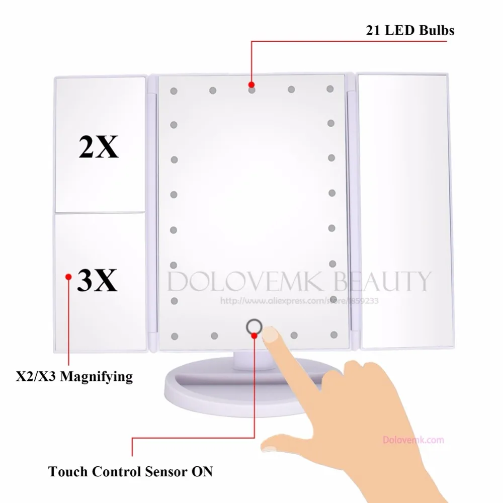Зеркало для макияжа Три Раза Регулируемый 21 LED Подсветкой Путешествия Mirror 1X/2X/3X Увеличение Make-up Mirror Compact Pocket Mirror for Beauty Макияж зеркало