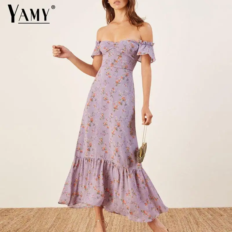 

Long summer dress women purple elegant beach vestidos ruffle maxi party dresses 2019 floral ropa mujer vintage clothes