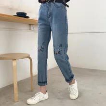 Для женщин джинсы Высокая Талия Хлопковые джинсы свободные Повседневное Cat Face вышивка Harajuku ботильоны Длина джинсы женские