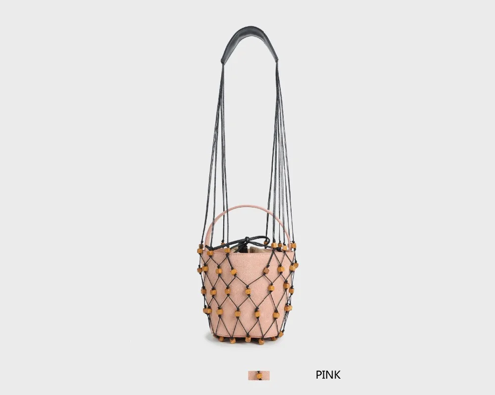 Blascher Summer Women Bags New Fashion Genuine Leather New Frosted Wooden One-Shoulder Handbag Bead Hanging Fishing Net Bag SQ64 (4)