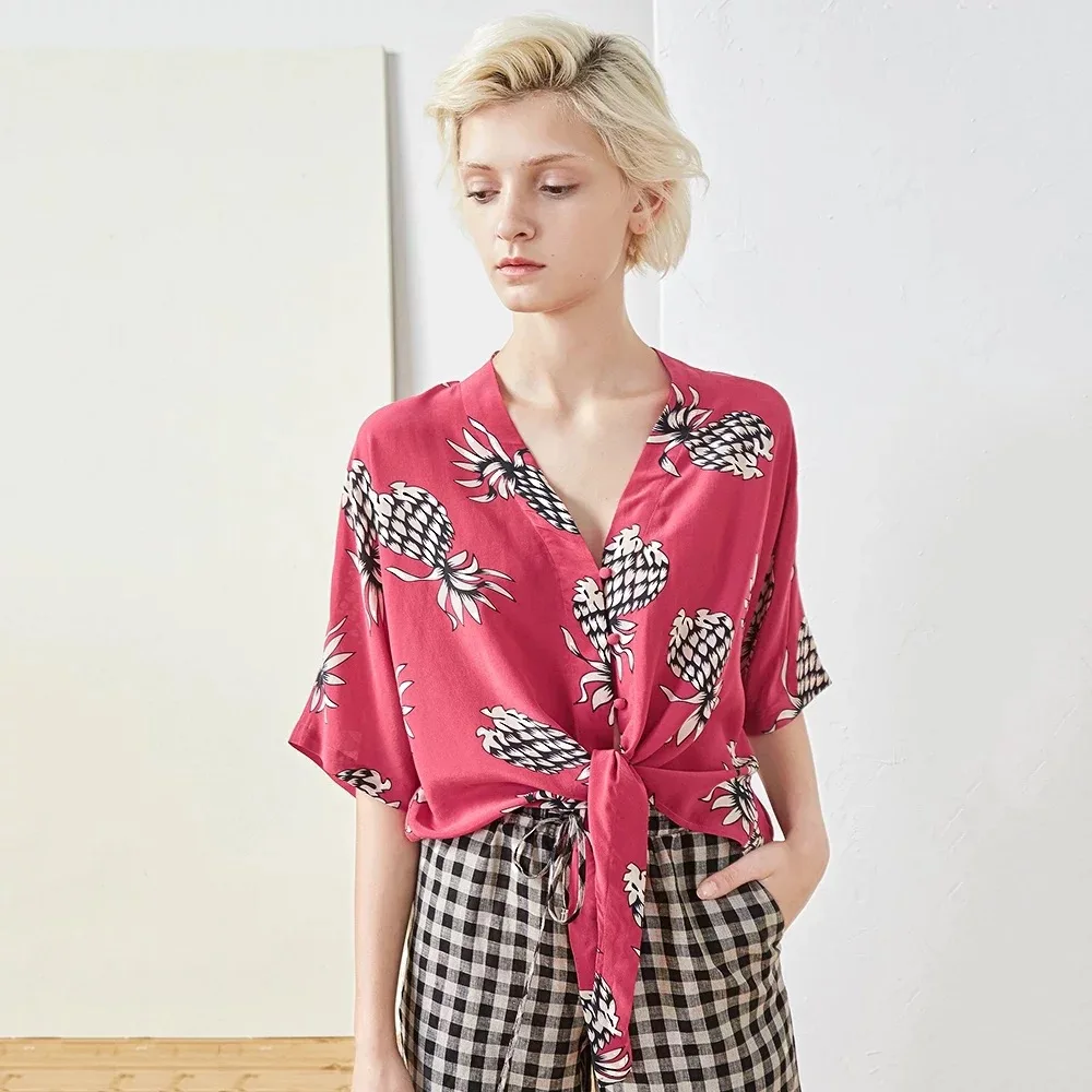 

Silk Pineapple Blouses Printed V Neck Frills Chalaza Shirts with Buttons