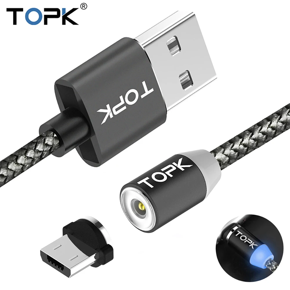 TOPK AM17 светодиодный магнитный Micro USB кабель, обновленный светоотражающий нейлоновый Плетеный Магнитный зарядный usb-кабель для Micro USB порта телефона