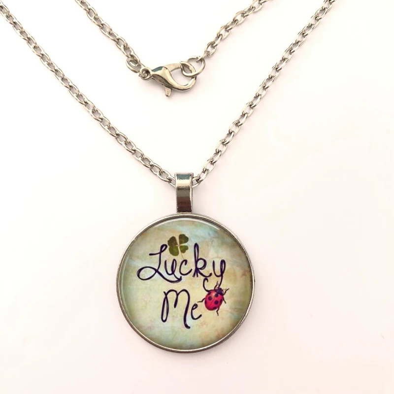 

Lucky Me Quote Vintage Image Necklace Bronze Pendant and Chain Four Leaf Clover