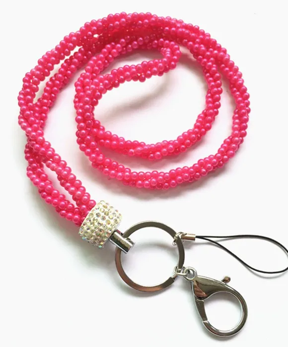 

New Arrival Rose Red Color Luxury Pearl Custom Neck Lanyard Crystal Lanyard For ID Name Badge Holder Key Holder Ring 1pcs