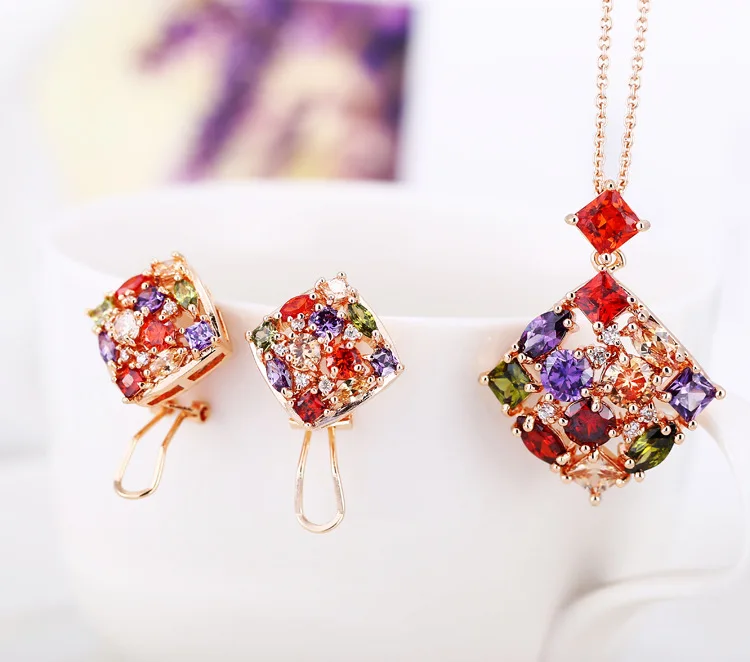 

trendy Multicolor Square ear cuff Earrings/ Necklaces & Pendants for Women Rose gold color CZ Jewelry Sets Wedding