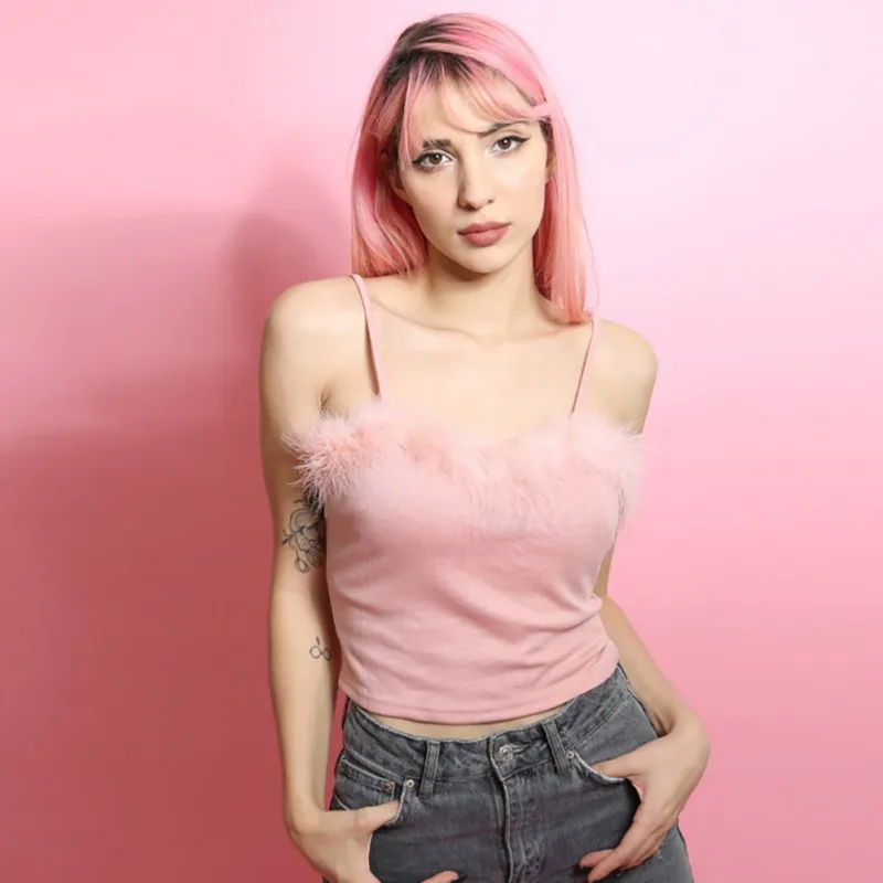 

Ladies Sexy Crop Top Fashion Solid Feather Patch Crop Tops Camisloe Sleeveless Vest Shirt Casual Short Top For Women Clothes