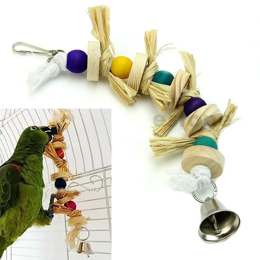 free shipping Parrot Pet Bird Chew Toy Wooden Straw with Bell Cage