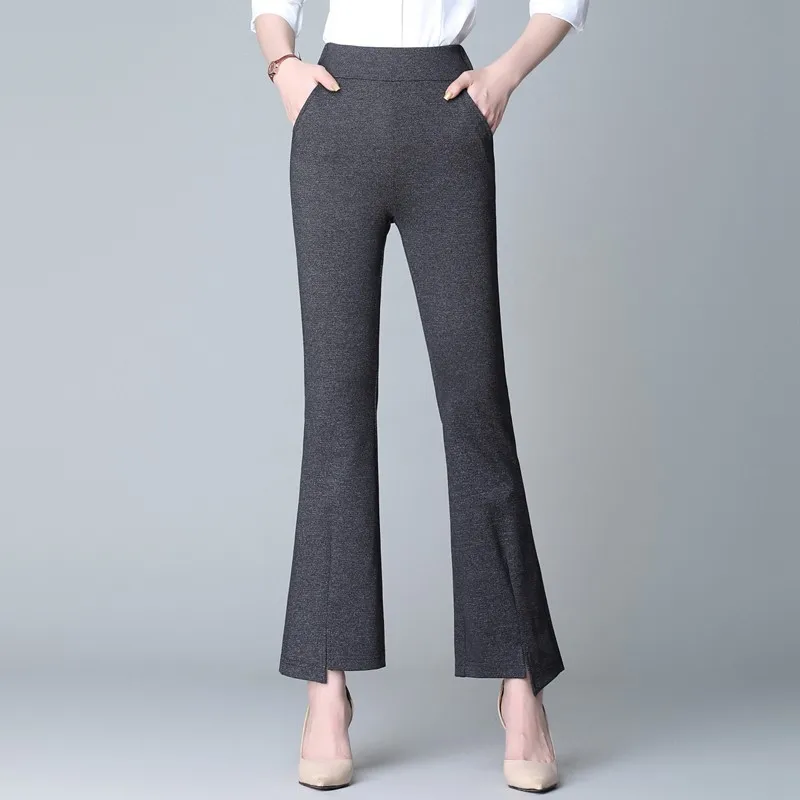

GIGOGOU Black Grey Office Lady Elastic Waist Flare Hem Pants Casual Solid Minimalist Pants 2019 Spring Fall Women Pants Trousers