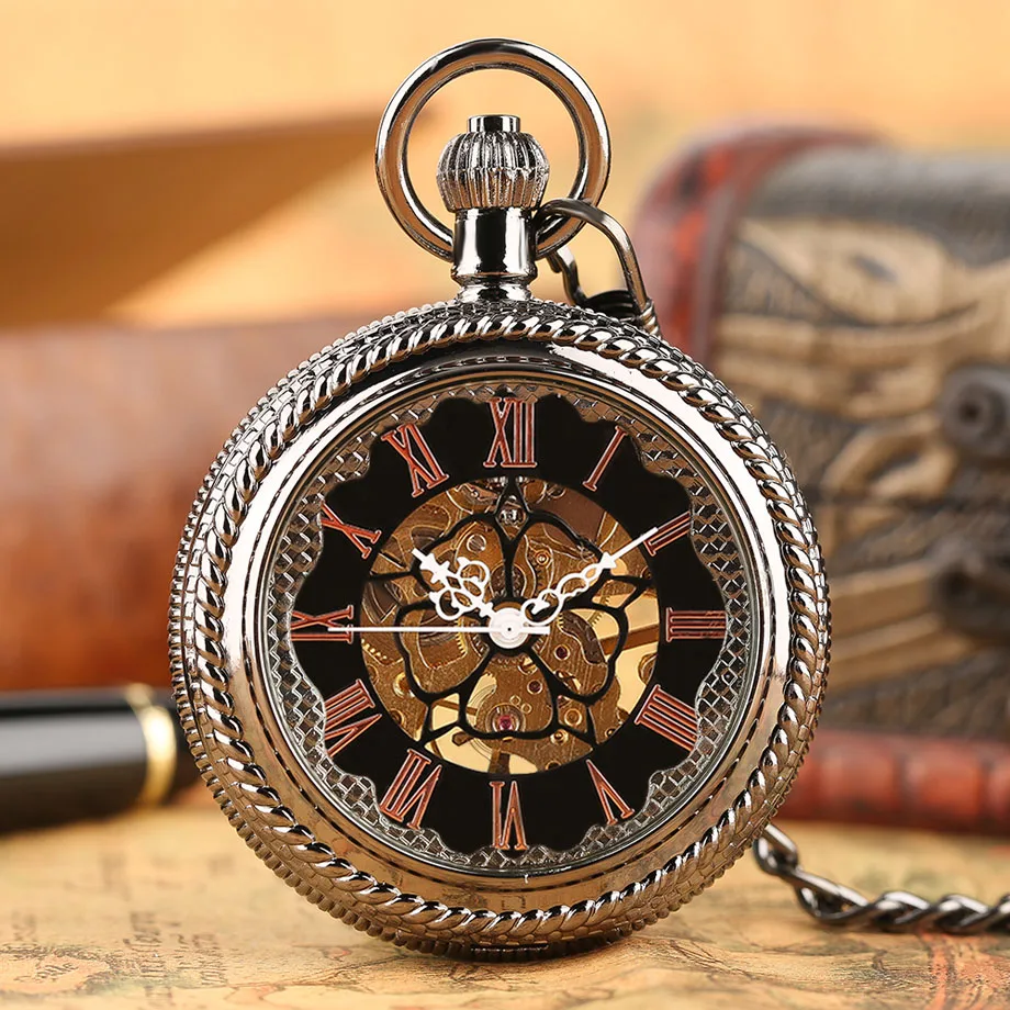 Высокое качество роскошные классические стимпанк Золотой Скелет ручной обмотки Механические карманные часы для мужчин подвеска цепь Римский циферблат подарок для детей